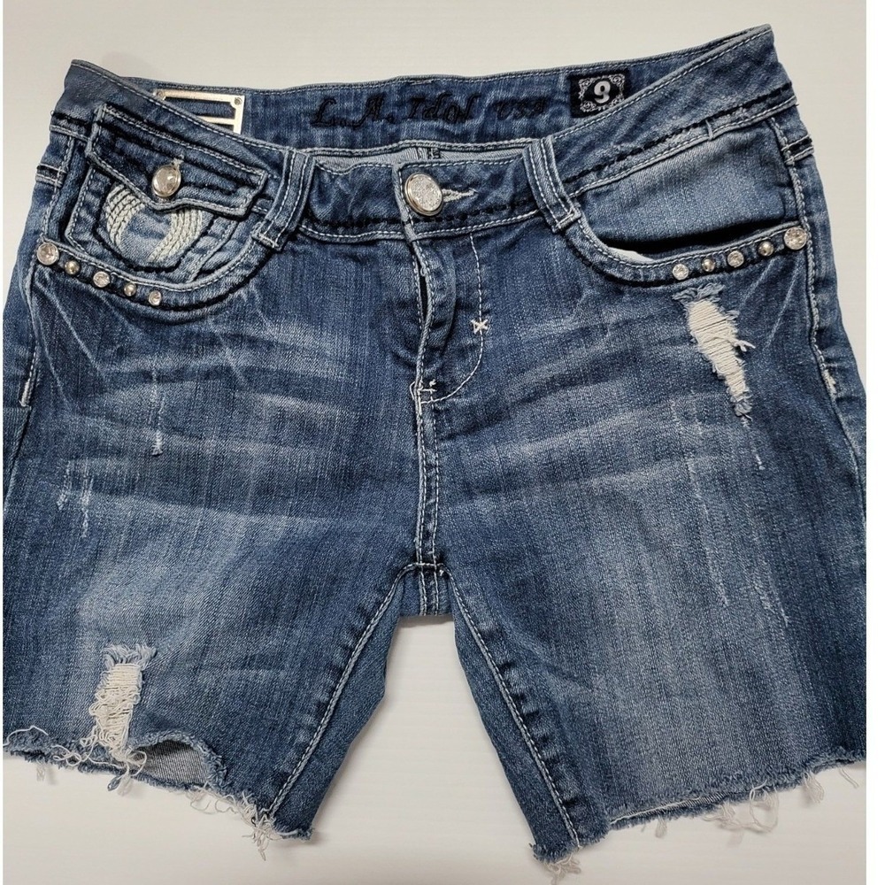 LA Idol USA Womens Distressed Denim Shorts Wing Rhinestone Studded Blue Size 9